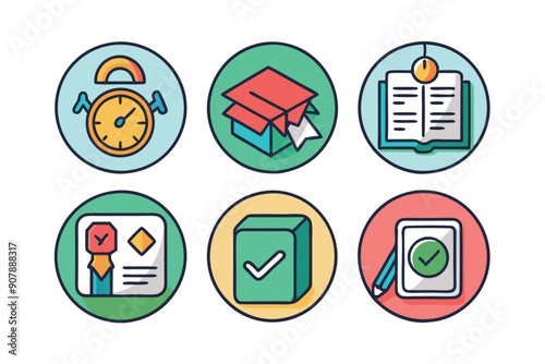 Colorful Circular Icons with Time, Box, Book, Checklist, and Checkmark Illustrations