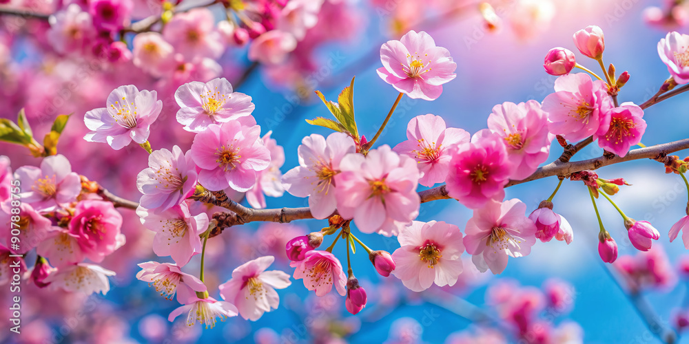 Fototapeta premium Vibrant pink cherry blossoms burst into bloom against a soft blue sky, creating a stunning, whimsical display ofSpring's arrival in a serene natural setting.