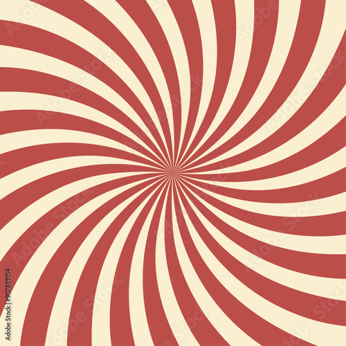 Circus background of spiral red beige rays vector illustration. Vintage radial swirl pattern with sunbeams or starburst strip. Circus, carnival, summer fair or chapiteau backdrop.