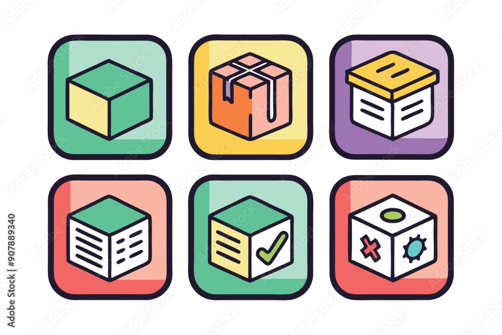Six Colorful Square Buttons with Different 3D Cube Icons Six Colorful Square Buttons with Different 3D Cube Icons