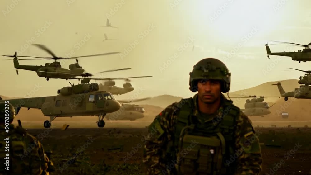 Soldier Kneeling While Helicopters Land During Military Operation Generative AI Soldier Kneeling While Helicopters Land During Military Operation Generative AI
