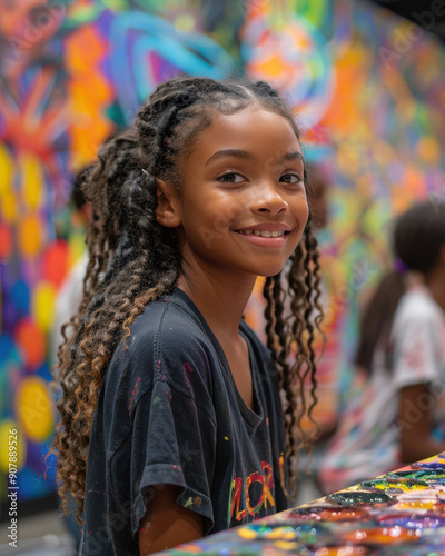 Smiling girl with braided hair in front of colorful mural. Concept of joy