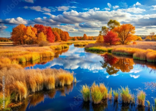 Vibrant autumn foliage surrounds serene prairie marshes, reflecting the brilliant hues of changing leaves under a vast, crystal-clear blue sky with few wispy clouds.