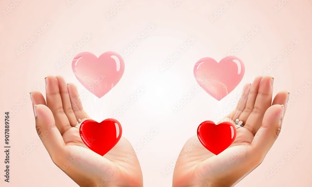 Two Hands Holding Red Hearts with Pink Hearts Above Two Hands Holding Red Hearts with Pink Hearts Above