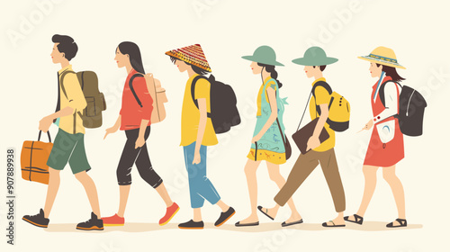 1. Group hiking backpacks, mixedage, mixedgender, casual clothing, outdoor adventure scene, diversity attire. 2. Tourists exploring safely, sun hats, sustainable travel diverse team comfortable
