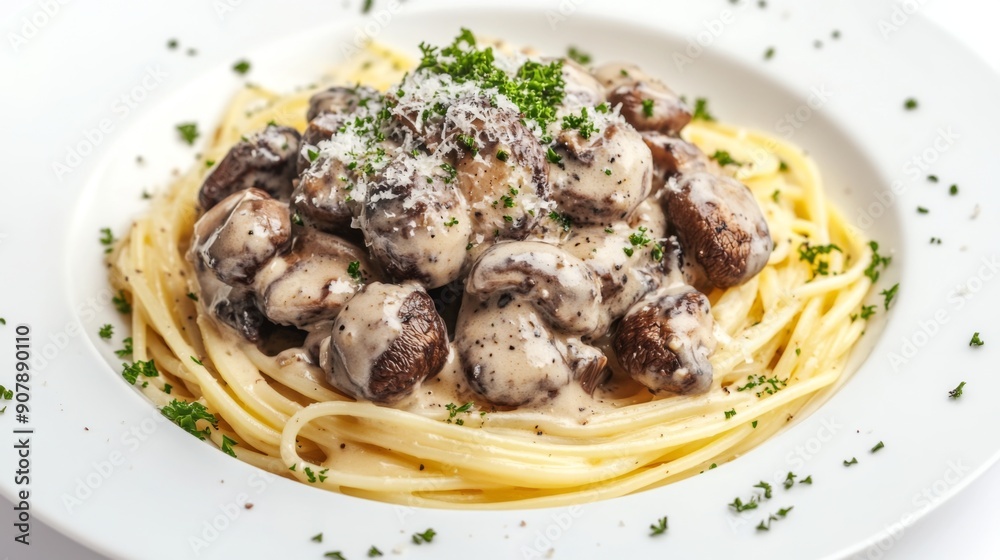 Truffle mushrooms on a bed of pasta with creamy sauce, garnished with parsley, isolated on a white background.