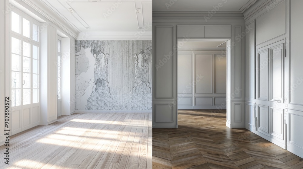 Empty classic living room with white and light grey walls, seven large windows, light grey flooring, and chevron parquet. Bathed in sunlight, highlighting its design.