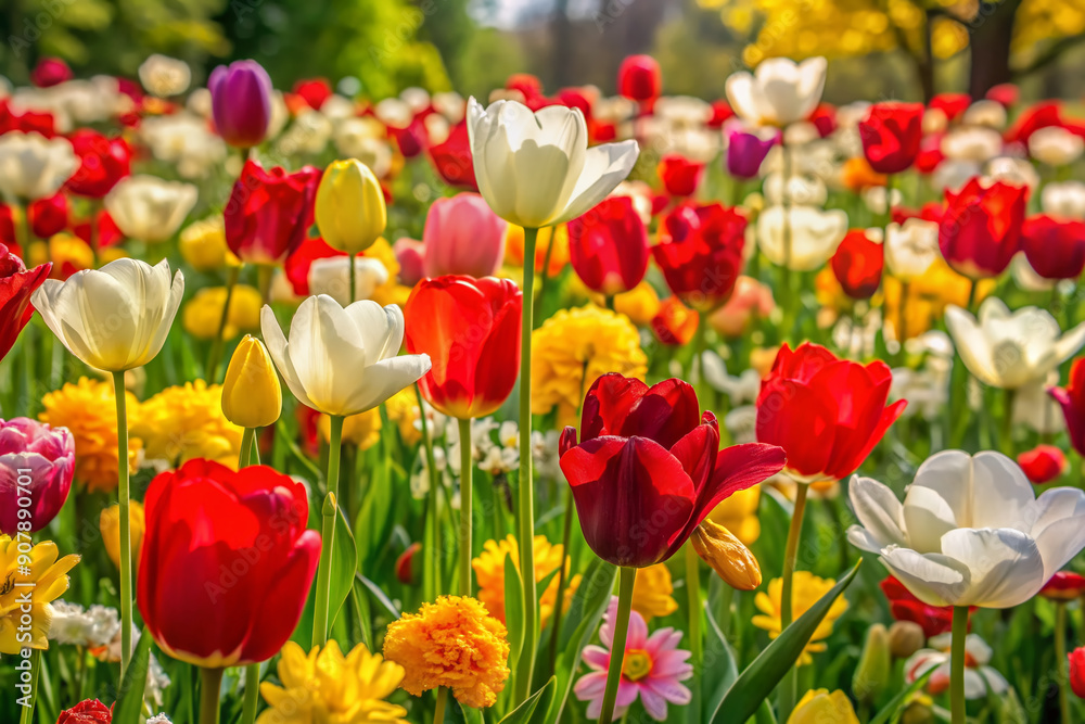 Vibrant red, yellow, and white tulips, roses, daffodils, peonies, and buttercups bloom together in a lush garden field, filling the air with a sweet springtime scent. Vibrant red, yellow, and white tulips, roses, daffodils, peonies, and buttercups bloom together in a lush garden field, filling the air with a sweet springtime scent.