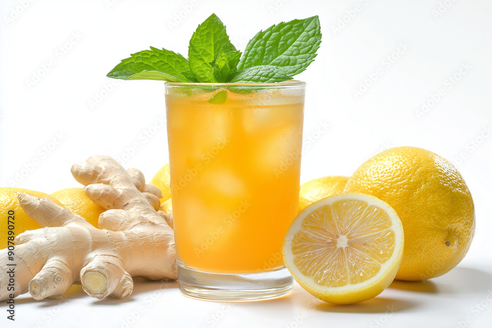 A refreshing glass of lemon ginger tea garnished with mint leaves, surrounded by fresh lemons and ginger on a white background. This healthy drink exudes a sense of wellness and vitality A refreshing glass of lemon ginger tea garnished with mint leaves, surrounded by fresh lemons and ginger on a white background. This healthy drink exudes a sense of wellness and vitality