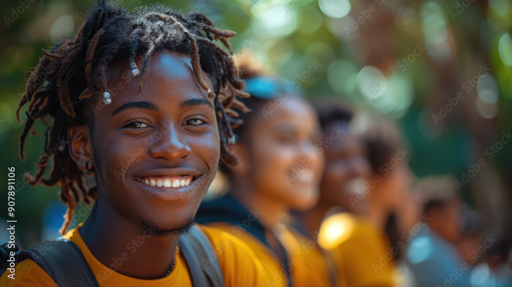 Smiling young man with dreadlocks, wearing a yellow shirt, in an outdoor setting with blurred friends in the background. Concept of friendship and happiness Smiling young man with dreadlocks, wearing a yellow shirt, in an outdoor setting with blurred friends in the background. Concept of friendship and happiness