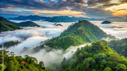 Majestic mist-shrouded mountains emerge from a sea of lush green forest, soft veil of fog drifts tranquilly over rolling hills in Phu Soi Dao National Park, Thailand.
