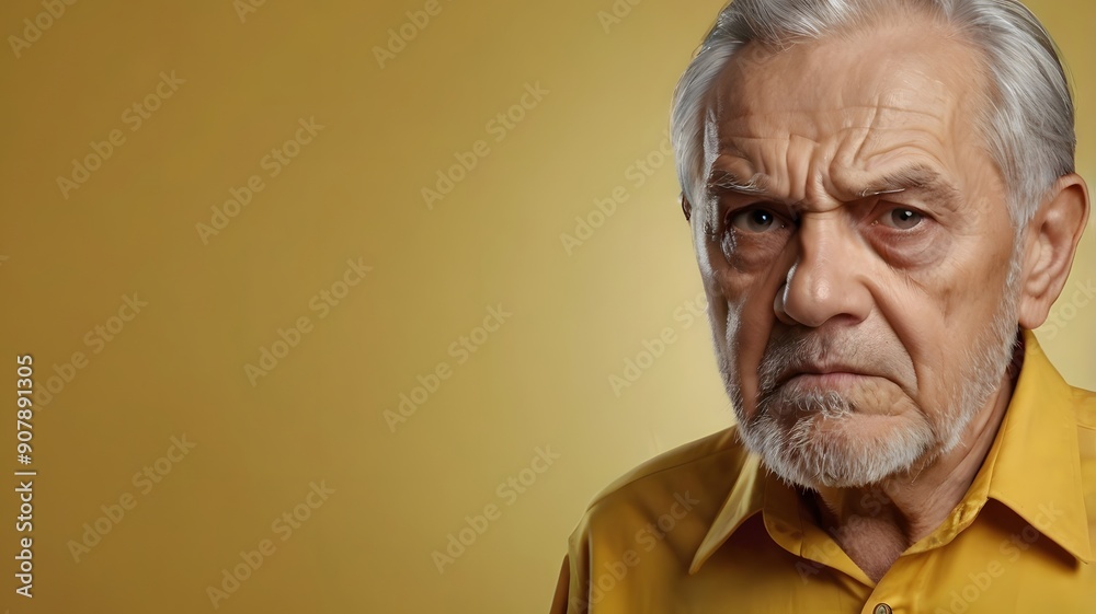 Elderly Man With Serious Expression Posing Against a Bright Yellow Background in Natural Lighting Elderly Man With Serious Expression Posing Against a Bright Yellow Background in Natural Lighting