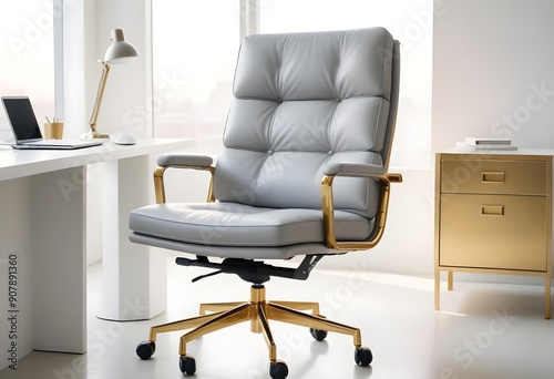 A modern office chair is made from gray leather and is isolated on a white background © LetsRock