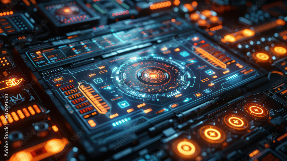 A highly detailed futuristic digital interface with neon blue and orange lights on a dark background. Concept of advanced technology A highly detailed futuristic digital interface with neon blue and orange lights on a dark background. Concept of advanced technology