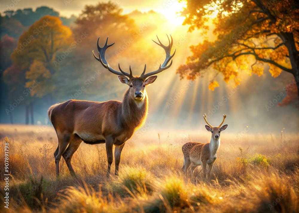Fototapeta premium Majestic stag and gentle deer roam freely in a serene golden meadow bathed in warm soft sunlight, surrounded by a picturesque autumnal landscape.