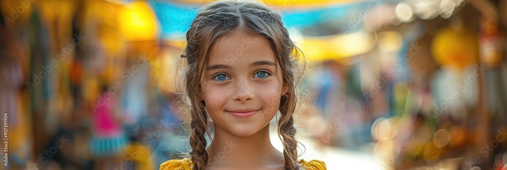 Young girl with braids smiling at street market, colorful background. Joyful moment captured in a vibrant environment. Young girl with braids smiling at street market, colorful background. Joyful moment captured in a vibrant environment.
