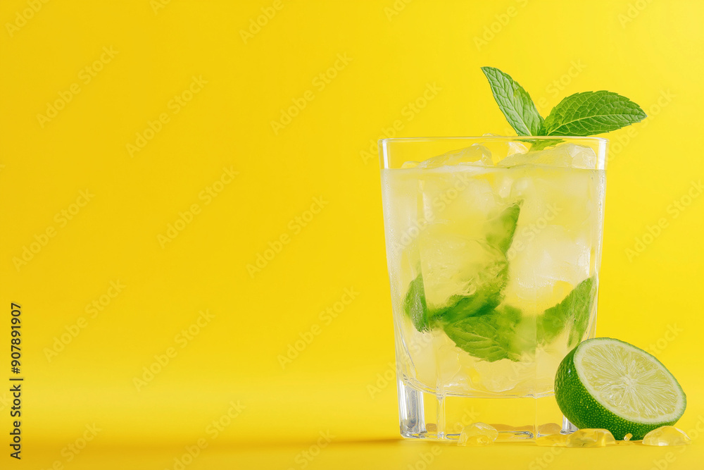 Refreshing cocktail with lime and mint, served with ice in a glass against a vibrant yellow background Refreshing cocktail with lime and mint, served with ice in a glass against a vibrant yellow background
