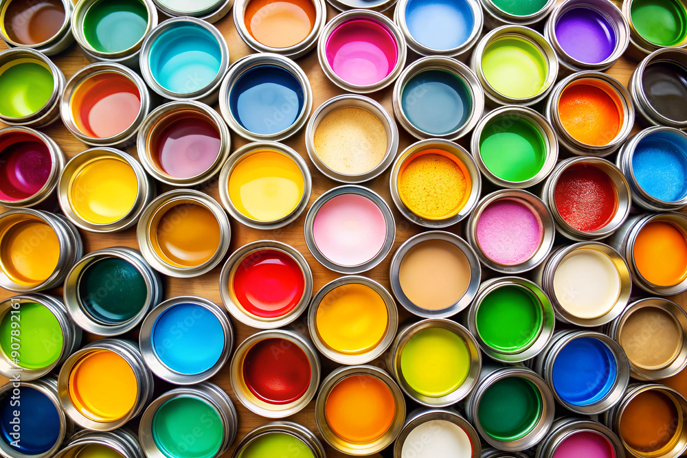 Bright colorful background with metal round cans of multicolored liquid paints, top view. Painting works Bright colorful background with metal round cans of multicolored liquid paints, top view. Painting works