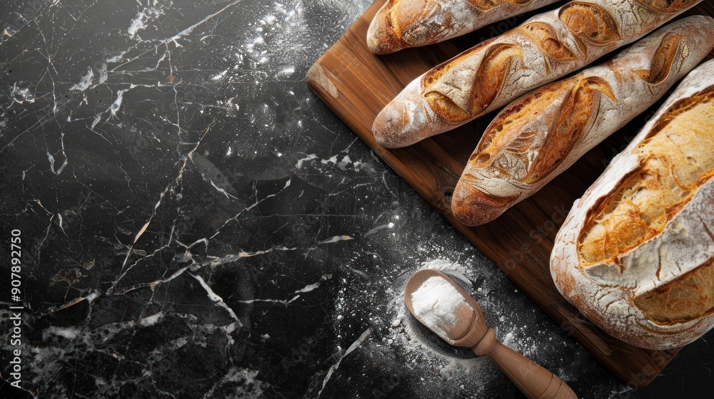 Baguette bread on black marble kitchen table wooden board Baguette bread on black marble kitchen table wooden board