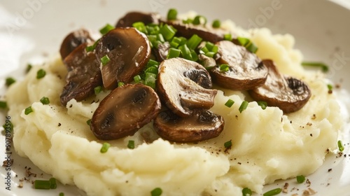 Truffle mushrooms on a serving of creamy mashed potatoes with a sprinkle of chives, on a white background.