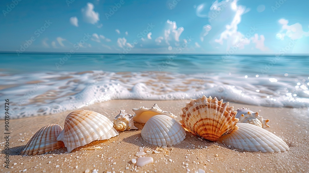 Scattered Sea Shells on Sandy Beach With Ocean and Clear Sky at Sunrise Scattered Sea Shells on Sandy Beach With Ocean and Clear Sky at Sunrise