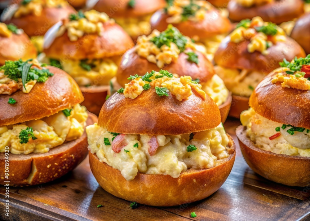 Freshly baked golden brioche buns overflowing with decadent fillings of scrambled eggs, truffles, succulent crab meat, and juicy shrimp, arranged temptingly in a bustling UK market stall. Freshly baked golden brioche buns overflowing with decadent fillings of scrambled eggs, truffles, succulent crab meat, and juicy shrimp, arranged temptingly in a bustling UK market stall.