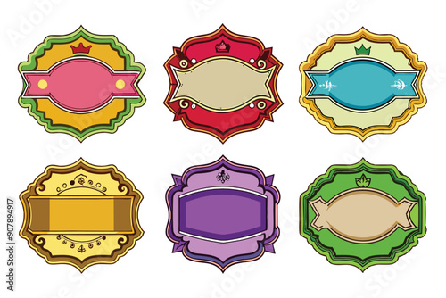 Set of Six Colorful Ornamental Blank Labels with Crowns photo