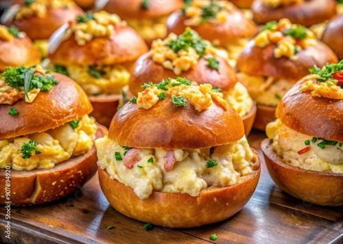 Freshly baked golden brioche buns overflowing with decadent fillings of scrambled eggs, truffles, succulent crab meat, and juicy shrimp, arranged temptingly in a bustling UK market stall.