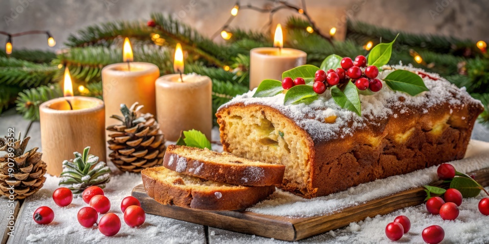 Cozy holiday kitchen scene featuring a deliciously moist banana bread fresh out of the oven, surrounded by festive holly and twinkling candles on a snowy winter morning. Cozy holiday kitchen scene featuring a deliciously moist banana bread fresh out of the oven, surrounded by festive holly and twinkling candles on a snowy winter morning.