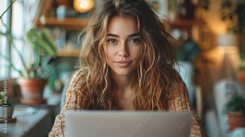 Young woman with wavy hair working on a laptop in a cozy home office filled with plants and warm natural light. Young woman with wavy hair working on a laptop in a cozy home office filled with plants and warm natural light.