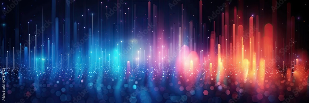 Vibrant Data Visualization Displays Points of Light Against Dark Background in Horizontal Columns at Night Vibrant Data Visualization Displays Points of Light Against Dark Background in Horizontal Columns at Night