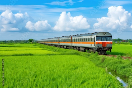 Sleek Train Traversing Lush Paddy Fields