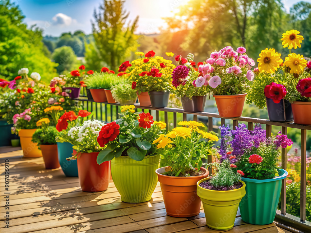 Vibrant summer flowers in colorful pots and planters adorn a sunny balcony or terrace, creating a beautiful and inviting outdoor home decoration. Vibrant summer flowers in colorful pots and planters adorn a sunny balcony or terrace, creating a beautiful and inviting outdoor home decoration.