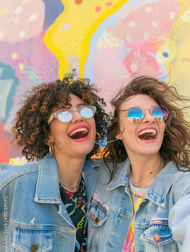 Colorful and whimsical selfie of two friends in denim, with a pastel abstract background, capturing the essence of contemporary lifestyle.