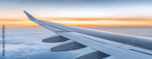 close-up of airplane wing and flaps during flight, sky backdrop, ample copy space, more clarity with clear light and sharp focus, high detailed