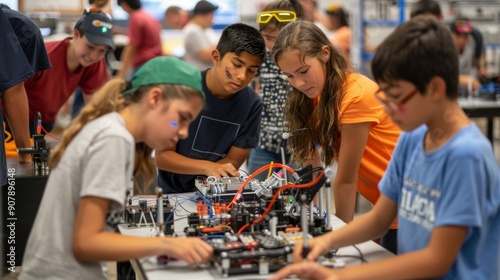Kids Building Robot In STEM Class.