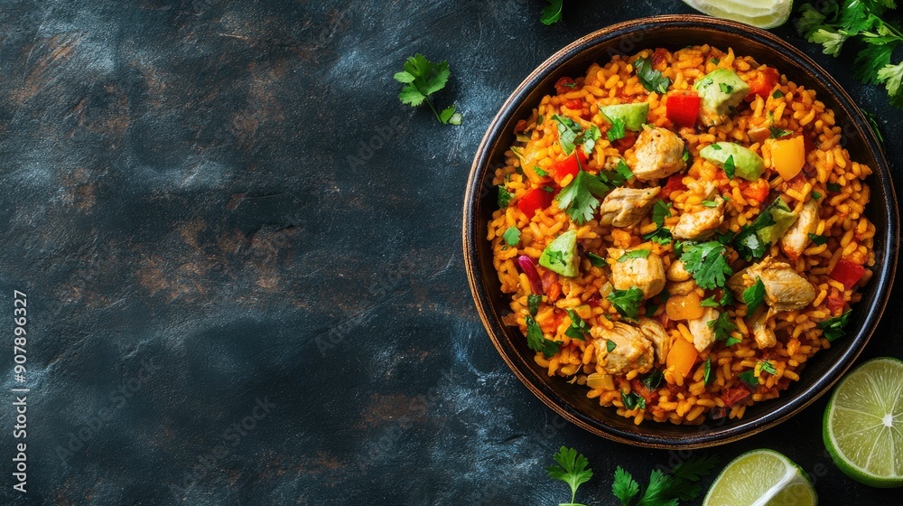 A colorful Cuban arroz con pollo, arranged from above, with space for text. A colorful Cuban arroz con pollo, arranged from above, with space for text.