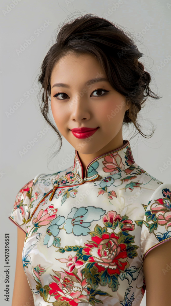 Elegant woman in a cheongsam, full-body photo against a white background, Elegant woman in a cheongsam, full-body photo against a white background,
