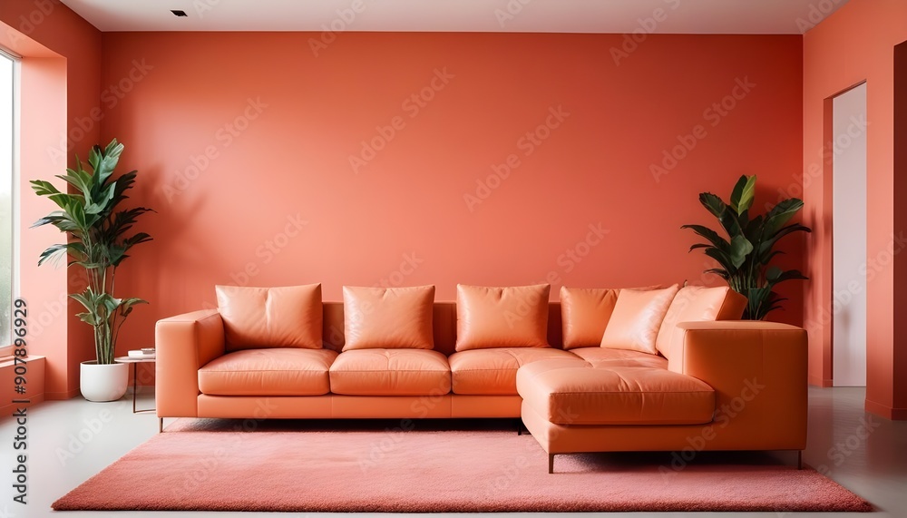 Minimalist interior design characterizes a modern living room with a colorful multicolored leather sofa against a coral-colored wall with ample copy space Minimalist interior design characterizes a modern living room with a colorful multicolored leather sofa against a coral-colored wall with ample copy space