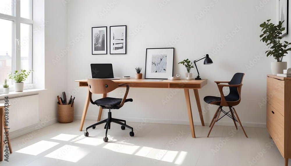 A modern home office includes a wooden desk and office chair positioned against a white wall This Scandinavian interior design of the modern living room provides a comfortable workplace A modern home office includes a wooden desk and office chair positioned against a white wall This Scandinavian interior design of the modern living room provides a comfortable workplace