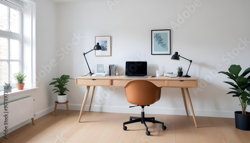 A modern home office includes a wooden desk and office chair positioned against a white wall This Scandinavian interior design of the modern living room provides a comfortable workplace © LetsRock