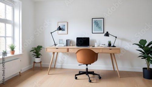 A modern home office includes a wooden desk and office chair positioned against a white wall This Scandinavian interior design of the modern living room provides a comfortable workplace