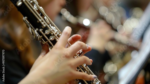 Closeup of a musician's hand playing the oboe. photo