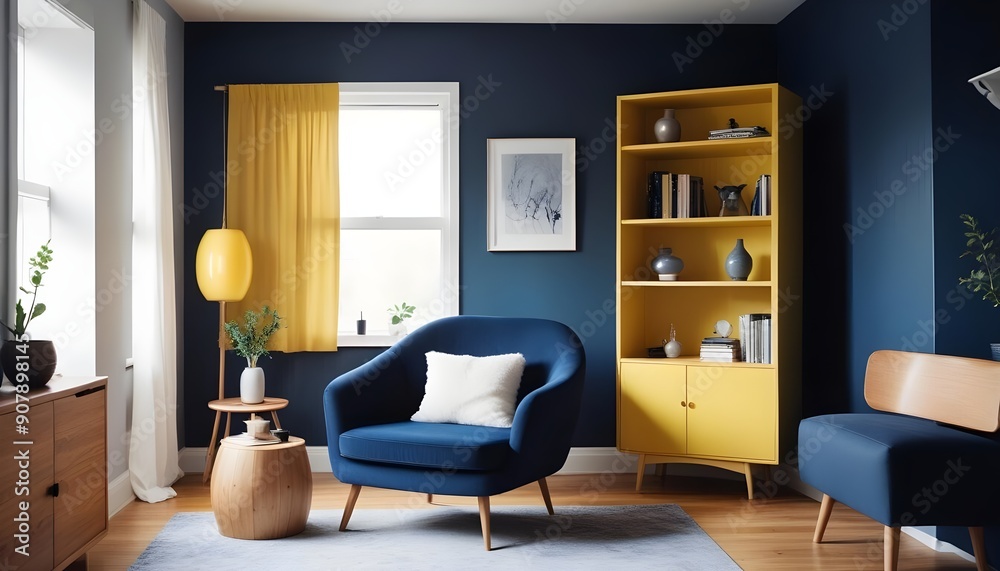Fototapeta premium Scandinavian style interior design of a modern living room with a grey barrel chair against a window and wooden shelving unit and cabinet on a dark wall