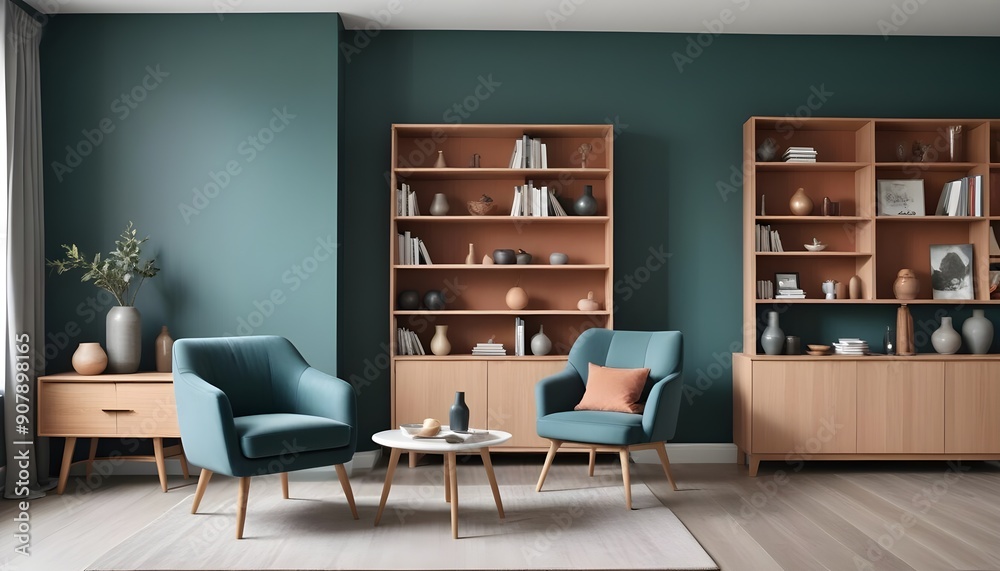 Scandinavian style interior design of a modern living room with a grey barrel chair against a window and wooden shelving unit and cabinet on a dark wall Scandinavian style interior design of a modern living room with a grey barrel chair against a window and wooden shelving unit and cabinet on a dark wall