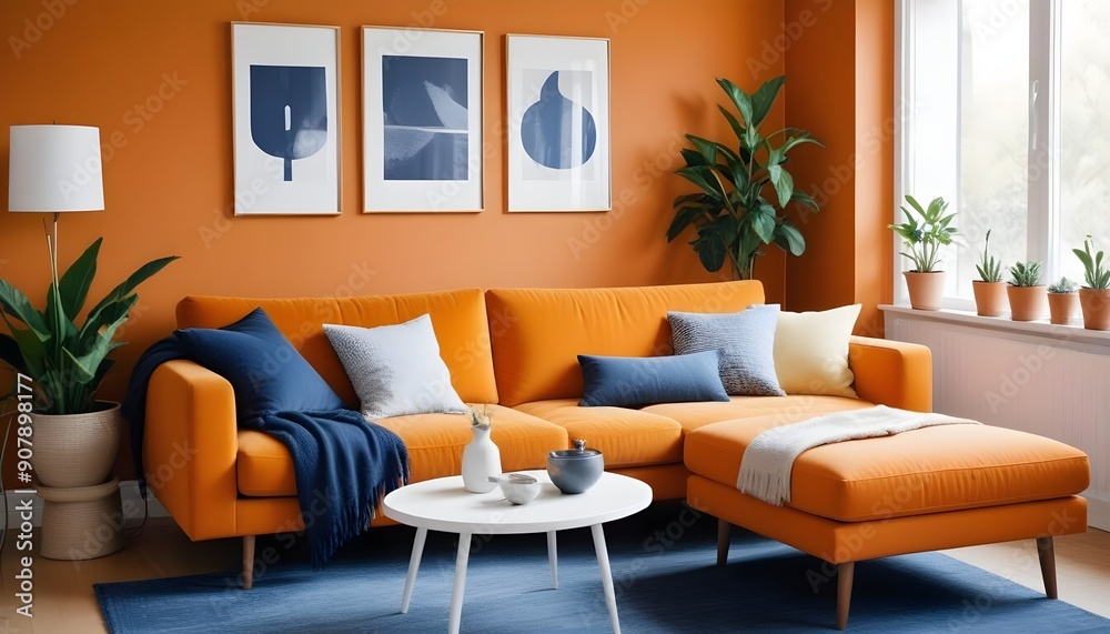Scandinavian style interior design of a modern living room in a cozy serene studio apartment with an orange sofa Scandinavian style interior design of a modern living room in a cozy serene studio apartment with an orange sofa