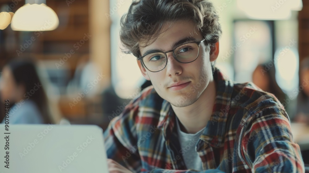A close-up of a young entrepreneur looking determined while working on a laptop in a modern office