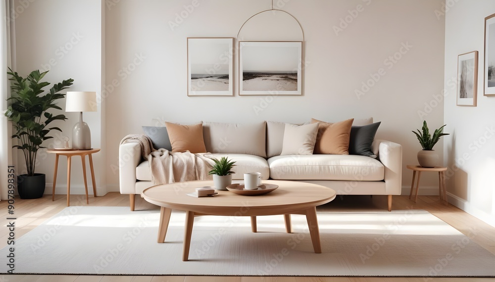 A Scandinavian-style home interior design of a modern living room includes a beige sofa and a wooden round coffee table against a white wall with two frames A Scandinavian-style home interior design of a modern living room includes a beige sofa and a wooden round coffee table against a white wall with two frames