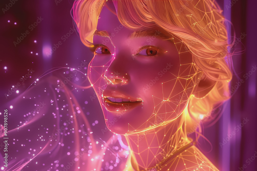 Blonde woman projecting semi-transparent 3D wireframe hologram Giggle and smile. Blonde woman projecting semi-transparent 3D wireframe hologram Giggle and smile.