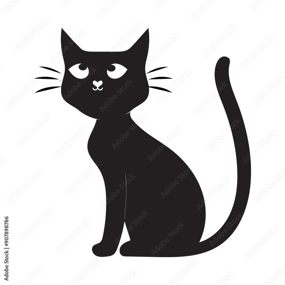 Minimalist Cute Black Cat Vector Illustration, A minimalist vector illustration of a cute black cat with big eyes and a simple design. Perfect for use in graphic projects, product design